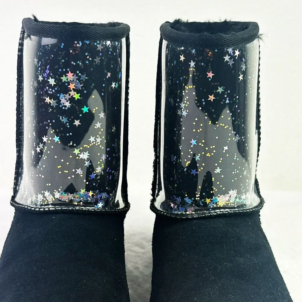 UGG Classic II Clear Glitter Girls Boots Size 6 Black Stars Waterproof #1121014K
